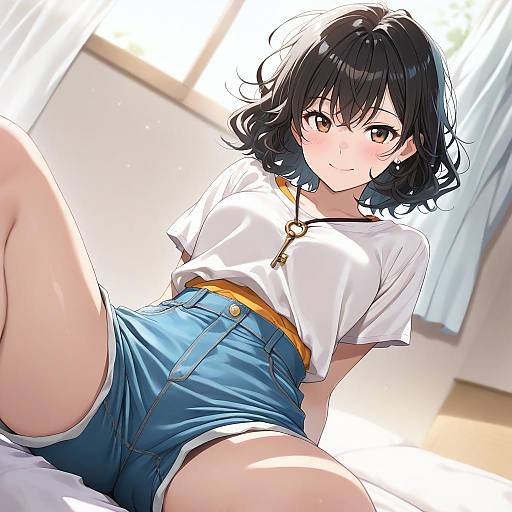 Anime Girl in High-Waist Shorts with Key Necklace