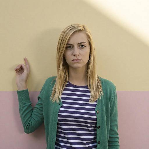 Serious young woman in green cardigan against color block wall