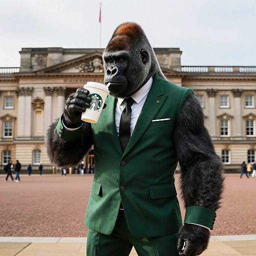 Photograph of a humanoid gorilla in a green suit and tie, holding a Starbucks cup, standing in front of a historic building.