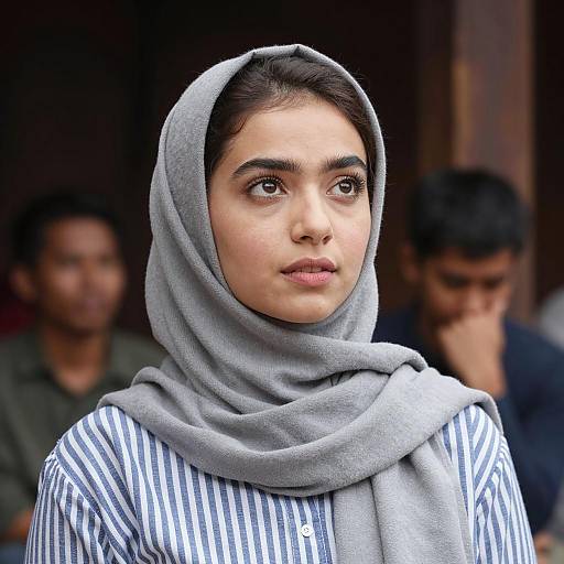 Woman in Gray Headscarf with Expressive Eyes