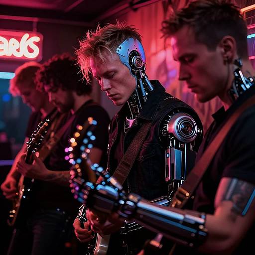 Photograph of three cyberpunk musicians with neon-lit cybernetic enhancements playing instruments in a dimly lit, neon-lit bar. Vibrant