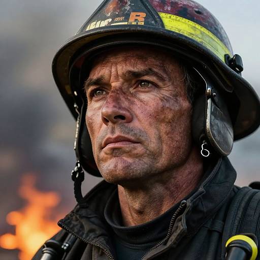 Photograph of a rugged, dirt-covered firefighter with intense expression, wearing a black helmet with yellow stripe and black protective gear, against a blurred background of