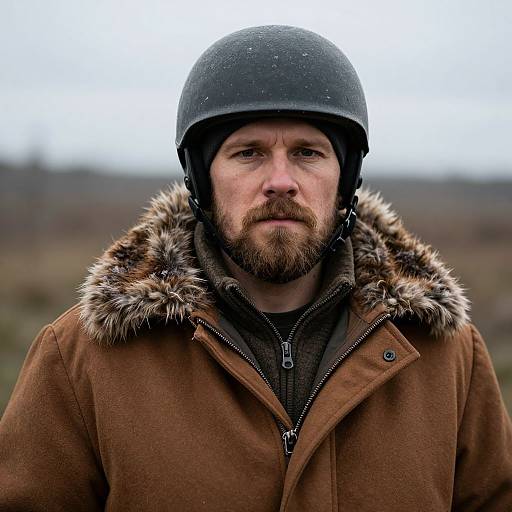 Photograph of a bearded man with a serious expression, wearing a black helmet and brown winter coat with fur-lined hood, set against a blurred,
