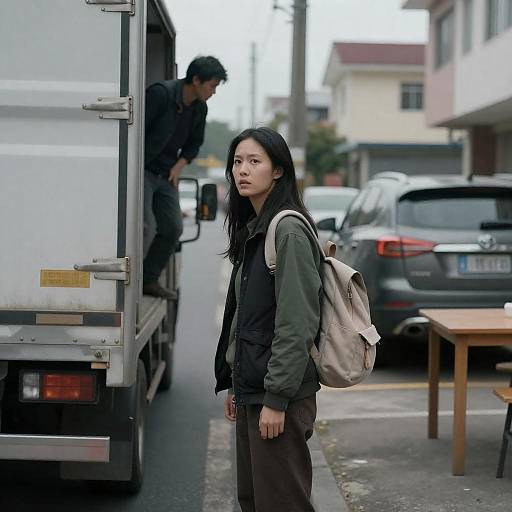 Photograph of an Asian woman with long black hair, wearing a green jacket and brown pants, standing beside a white truck, carrying a beige backpack,