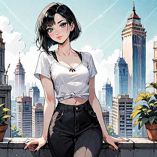 Stylish Anime Girl Posing on Urban Balcony