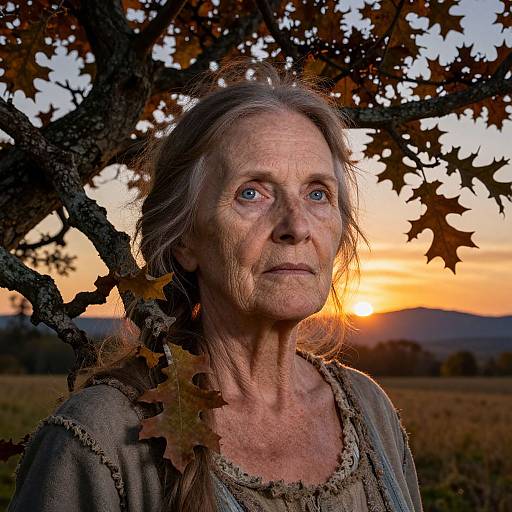 Photograph of an elderly woman with blue eyes, gray hair, and wrinkles, standing in front of a tree at sunset, wearing a rustic, beige