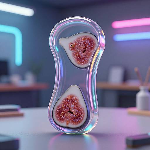 Photograph of a clear, glowing, twisted glass sculpture with two red, textured fig halves inside, set on a modern, neon-lit desk.