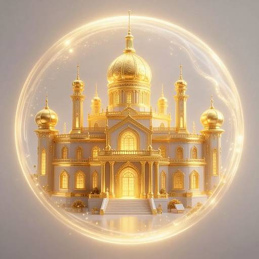 Photorealistic CGI image of a radiant, golden-domed palace surrounded by a glowing, circular halo, set against a soft, gradient background.