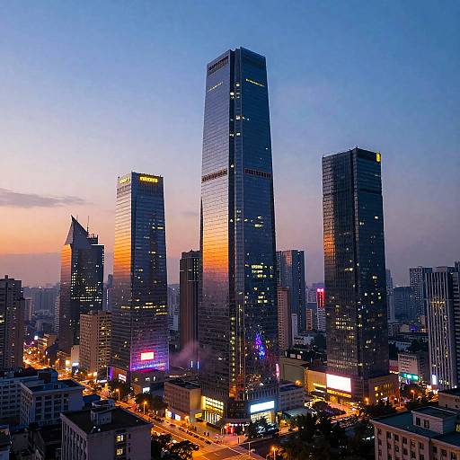 Photograph of a city skyline at dusk, featuring tall, illuminated skyscrapers with reflective glass windows, glowing neon signs, and a colorful sunset sky