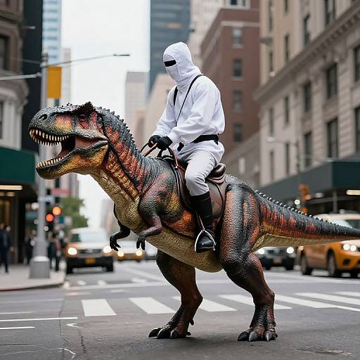 Photograph of a person in a white hooded mask and outfit riding a realistic, colorful T-Rex costume through a busy urban street.