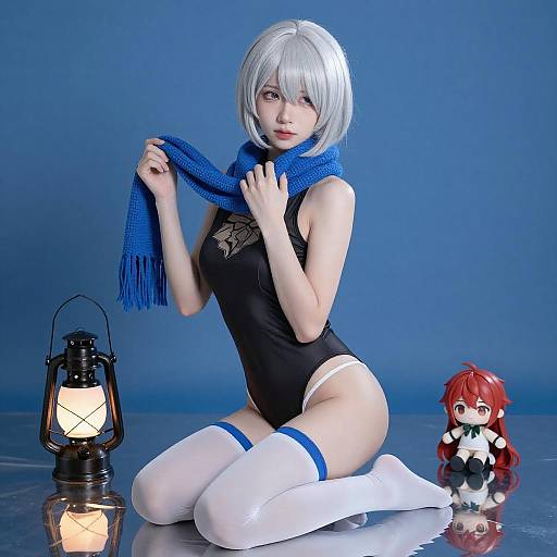 Silver-Haired Anime Girl on Reflective Floor