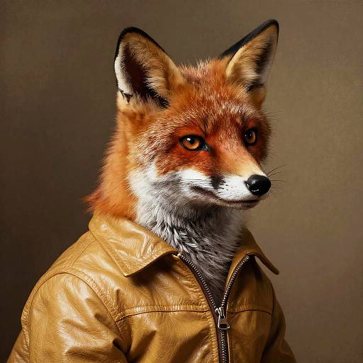 Photorealistic digital portrait of an anthropomorphic red fox with orange fur, black ears, and white muzzle, wearing a tan leather jacket, against a