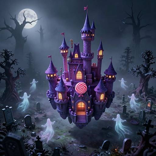 Haunted castle with glowing windows, purple towers, red spiral candy sign, surrounded by ghostly figures, tombstones, and a full moon. Digital illustration