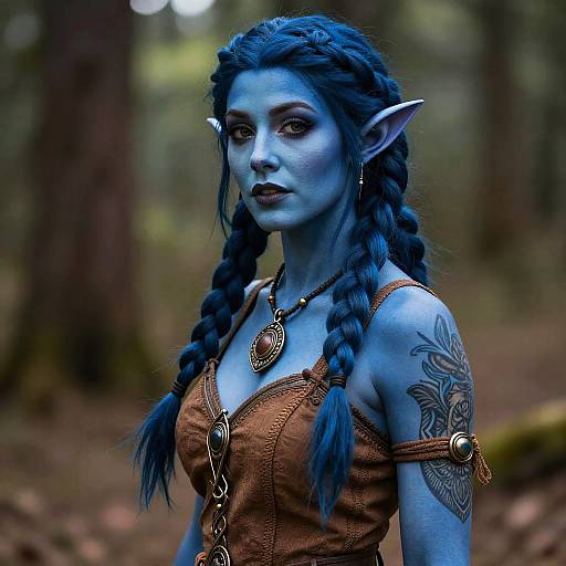 Photograph of a blue-skinned, elf-like woman with long braided blue hair, pointed ears, wearing a brown leather dress, and a detailed