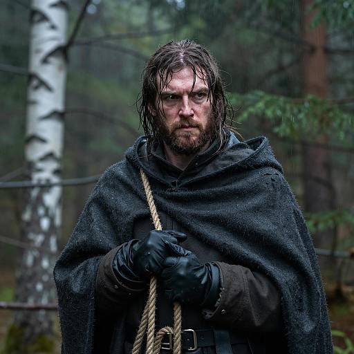 Mysterious Man in a Rainy Forest