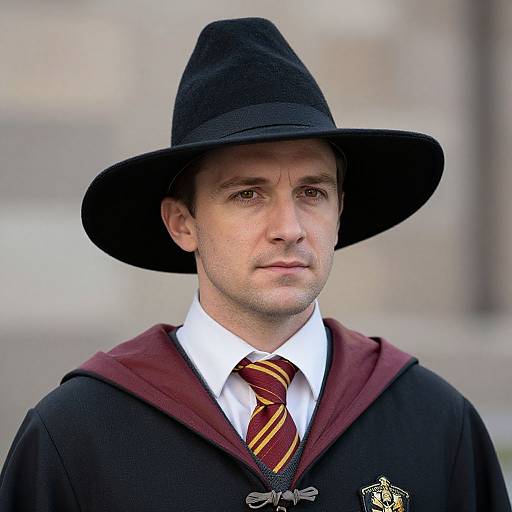 Photograph of a Caucasian man with fair skin, wearing a black witch hat, maroon and gold striped tie, white shirt, and black Hogwarts robe