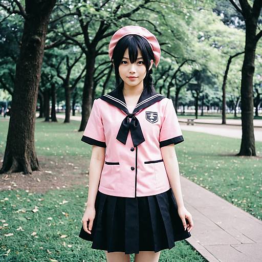 Photograph of an Asian woman in a pink sailor uniform with black trim, black skirt, and pink beret, standing on a park path with trees