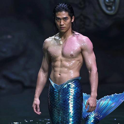 Photorealistic CGI of a muscular male merman with wet, slicked-back black hair, blue scales, and a shiny tail, standing in dark