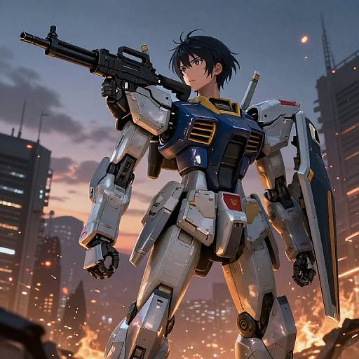 Digital anime-style illustration of a black-haired, blue-and-white mecha pilot wielding a rifle, standing in a war-torn city at sunset.