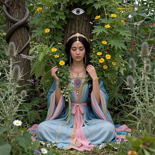 Photograph of a serene, dark-haired woman in a blue, pink, and gold traditional dress, adorned with jewelry, sitting among yellow flowers and green