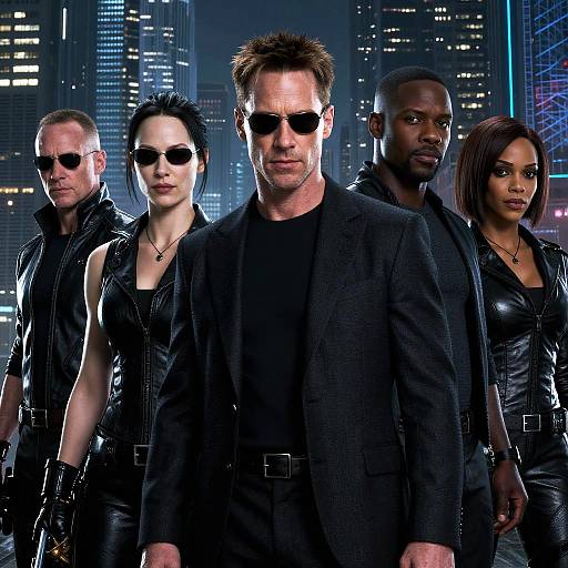 Photograph of a tough, dark-clad team with sunglasses, standing in a neon-lit cityscape: man in suit, four in black leather