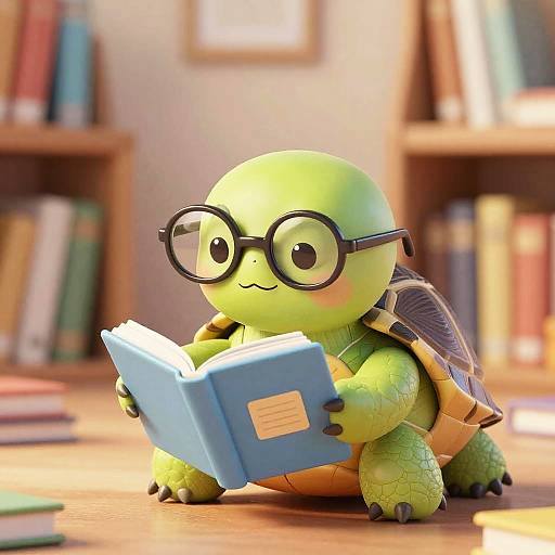 Whimsical Turtle Reading in Library