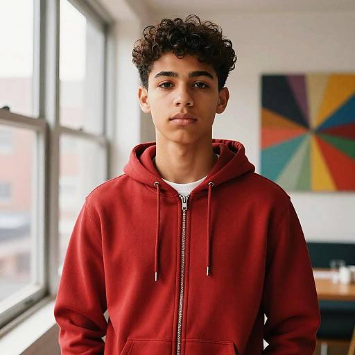 Photograph of a young, dark-haired boy with curly hair, wearing a red hoodie, standing in a brightly lit room with a colorful abstract painting in