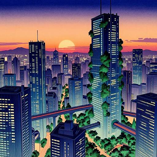 Digital art of a futuristic cityscape at sunset, featuring towering skyscrapers with illuminated windows, a sun setting over the horizon, and a freeway with