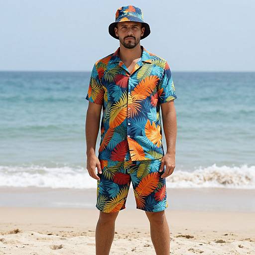 Confident Man in Vibrant Tropical Outfit