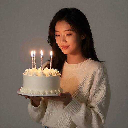 Young Asian woman with long black hair, wearing a white knit sweater, holding a white-frosted cake with five lit candles against a gray background.