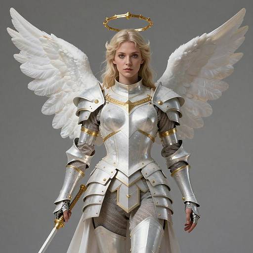 Digital artwork of a blonde, blue-eyed angelic warrior woman with white wings, golden halo, and silver armor, holding a sword, against a gray