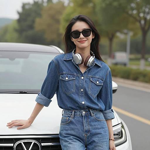 Smiling Woman in Denim Outfit by White Car