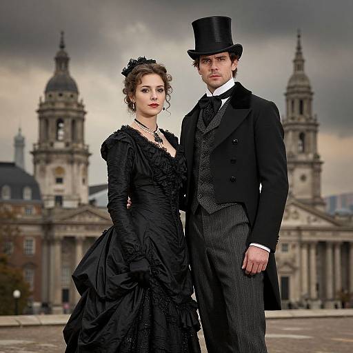 Photograph of a Victorian-era couple in black formal attire, standing in front of a grand, baroque-style building with twin domes. Overcast