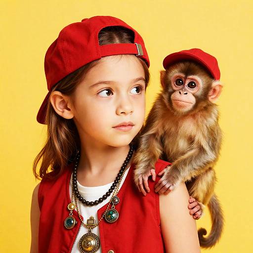 Curious Girl and Monkey Against Yellow