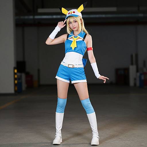 Photograph of a blonde woman in a blue and white Pikachu-themed cosplay outfit, including hat, gloves, shorts, thigh-high socks, and boots,
