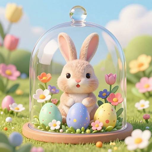 Cute, fluffy bunny with large ears sits under a glass dome holding colorful Easter eggs surrounded by flowers in a bright, sunny garden. Digital artwork.