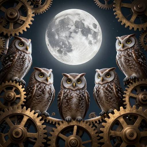 Four detailed, realistic owls with wide yellow eyes sit on interlocking gold gears against a dark night sky with a bright full moon. Digital art.