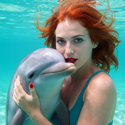 Photograph of a red-haired woman with fair skin and red lipstick, underwater, holding a dolphin close to her face, wearing a gray tank top,