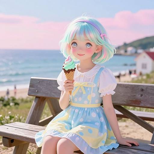 Digital illustration of a cute, blue-haired girl with large eyes, wearing a polka-dot dress, sitting on a wooden bench, eating a green ice