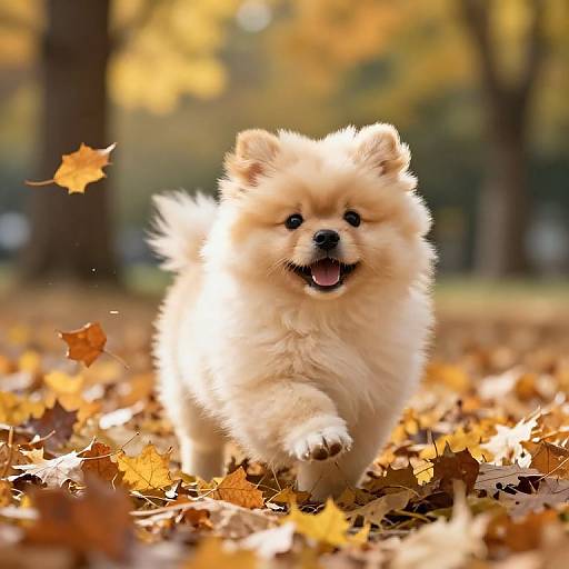 Photograph of a fluffy, cream-colored Pomeranian puppy joyfully running through an autumn forest, surrounded by fallen yellow and orange leaves.