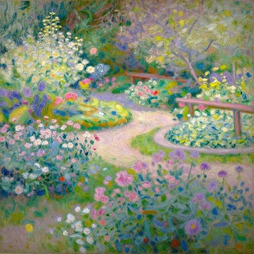Vibrant, impressionistic garden painting with swirling colors, featuring a winding path through lush, blooming flowers and foliage, and a wooden fence on