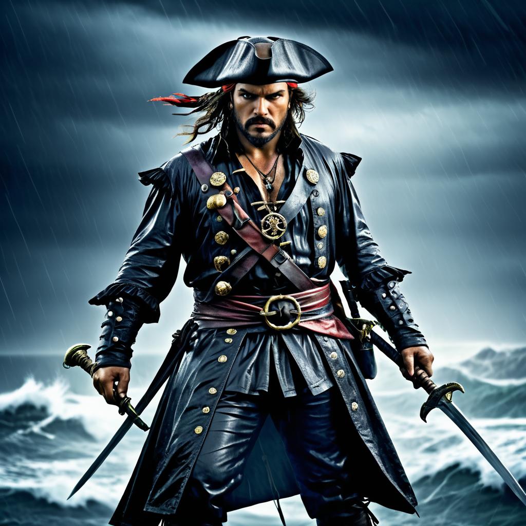 Dramatic Pirate in Stormy Rain Scene