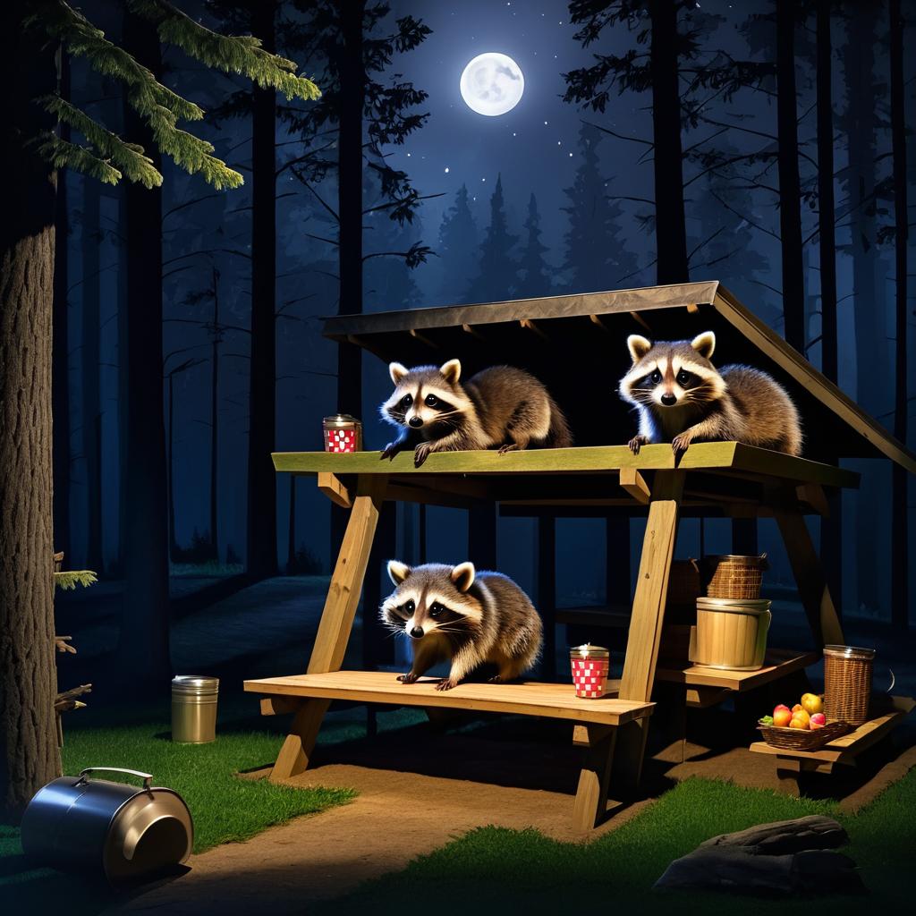 Mischievous Raccoons at Night Picnic