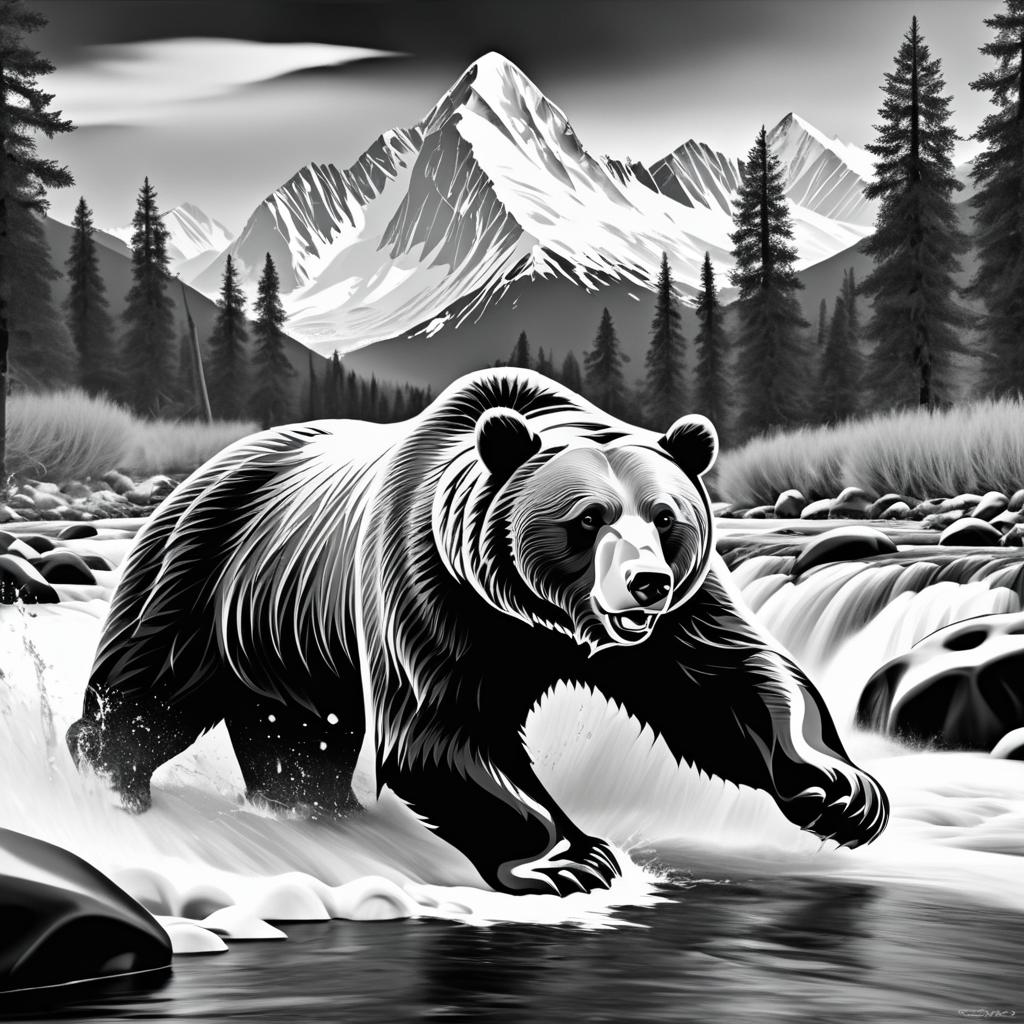 Majestic Bear Fishing in Monochrome