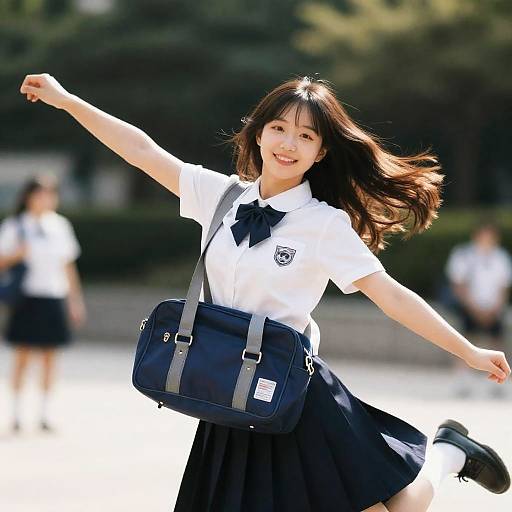 Smiling Girl Dancing in School Uniform