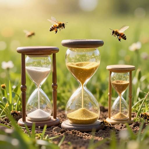 Photograph of three wooden hourglasses on grass, with two bees hovering, sunlight filtering through blurred green background, highlighting sand movement.