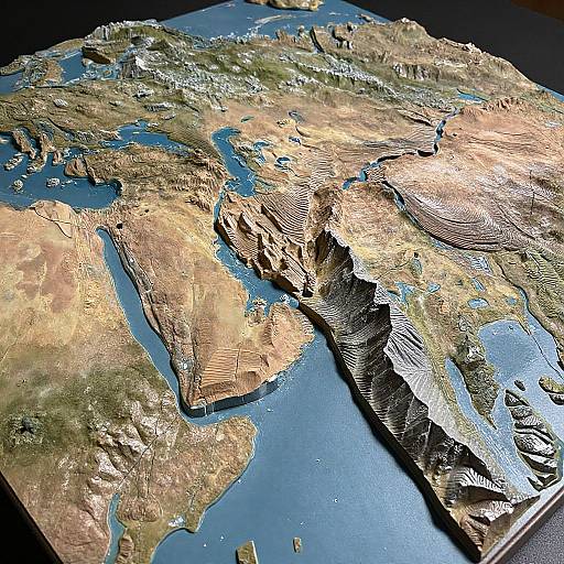 Highly detailed CGI topographic map of Europe and Africa, showcasing mountains, rivers, and landforms in a 3D, relief style.
