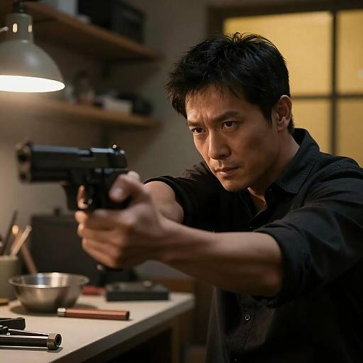 Intense Portrait of a Gun-Wielding Man