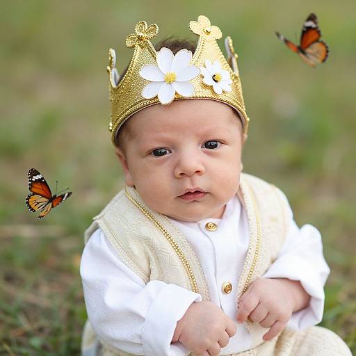 Photograph of a baby with fair skin wearing a gold crown, white outfit, and white flower, surrounded by two orange butterflies in a grassy field