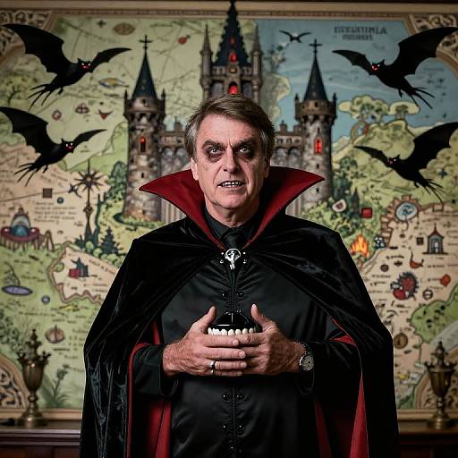 Photograph of a middle-aged man in a black cape with red lining, holding a 